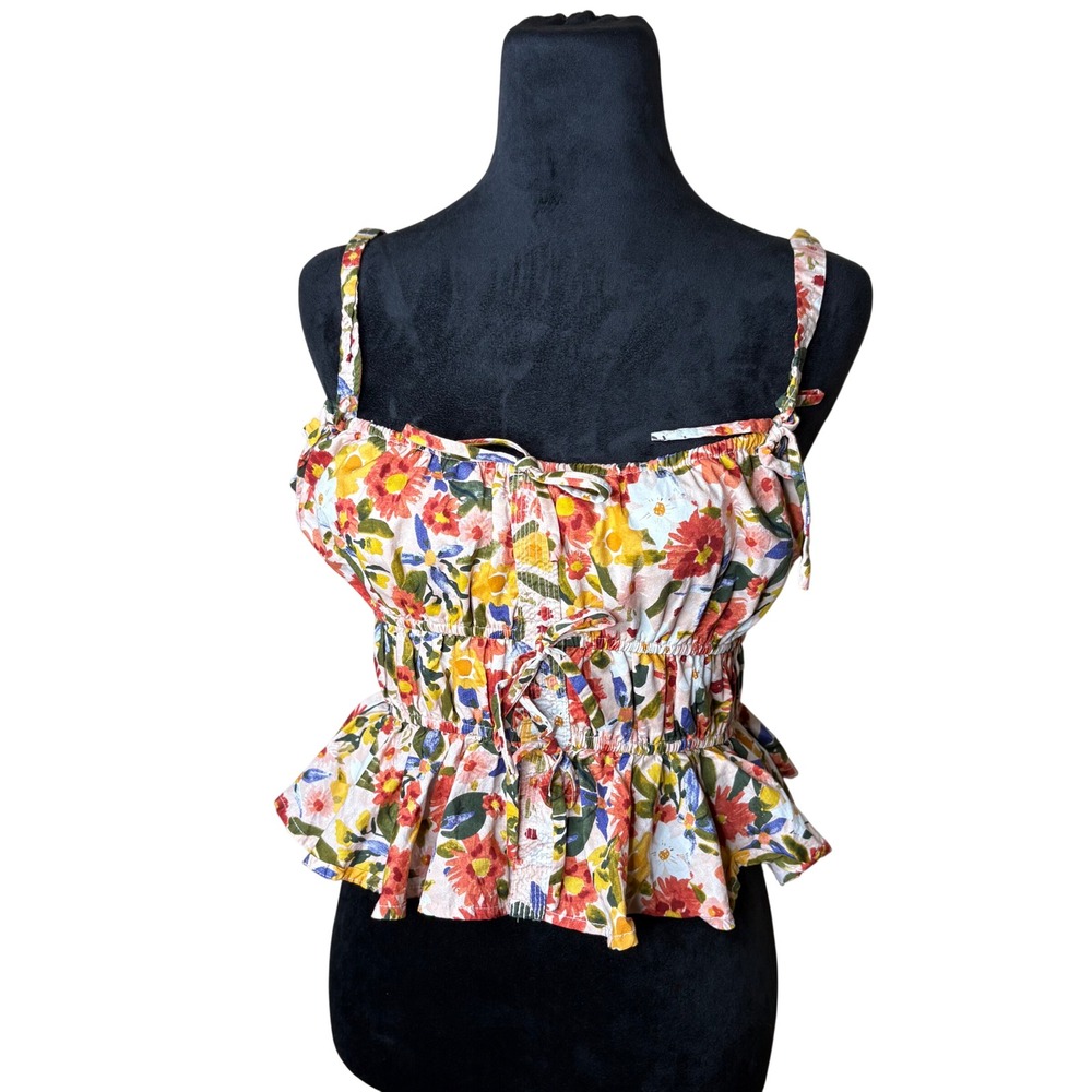 Aureum Floral Women Sz S Smocked Peplum Camisole Top Cropped Tie Strap Romantic
